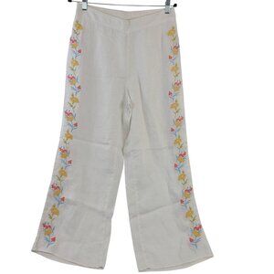 NEW Calypso St. Barth Wide-Leg Linen Pants With Floral Embroidery Sz L White
